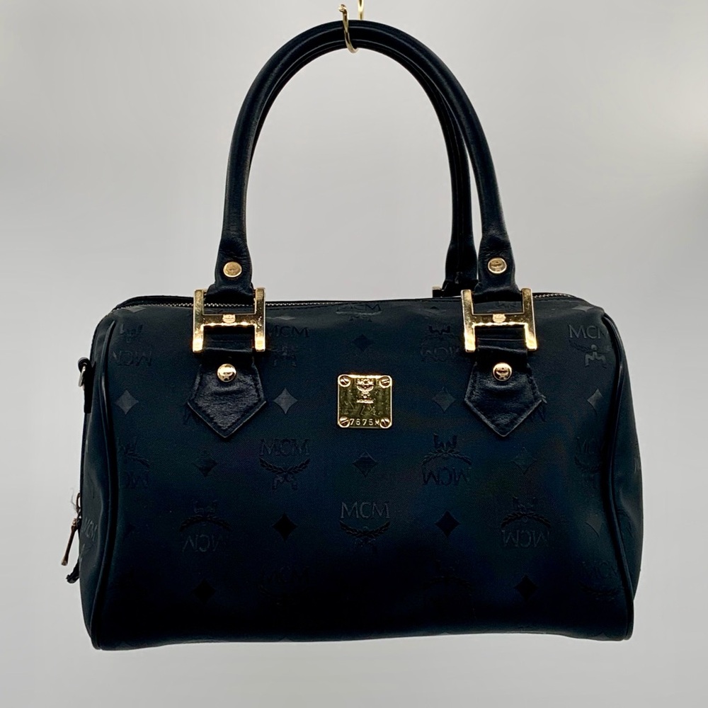 EUC MCM Black Visetos Nylon & Leather Boston Style Satchel Bag